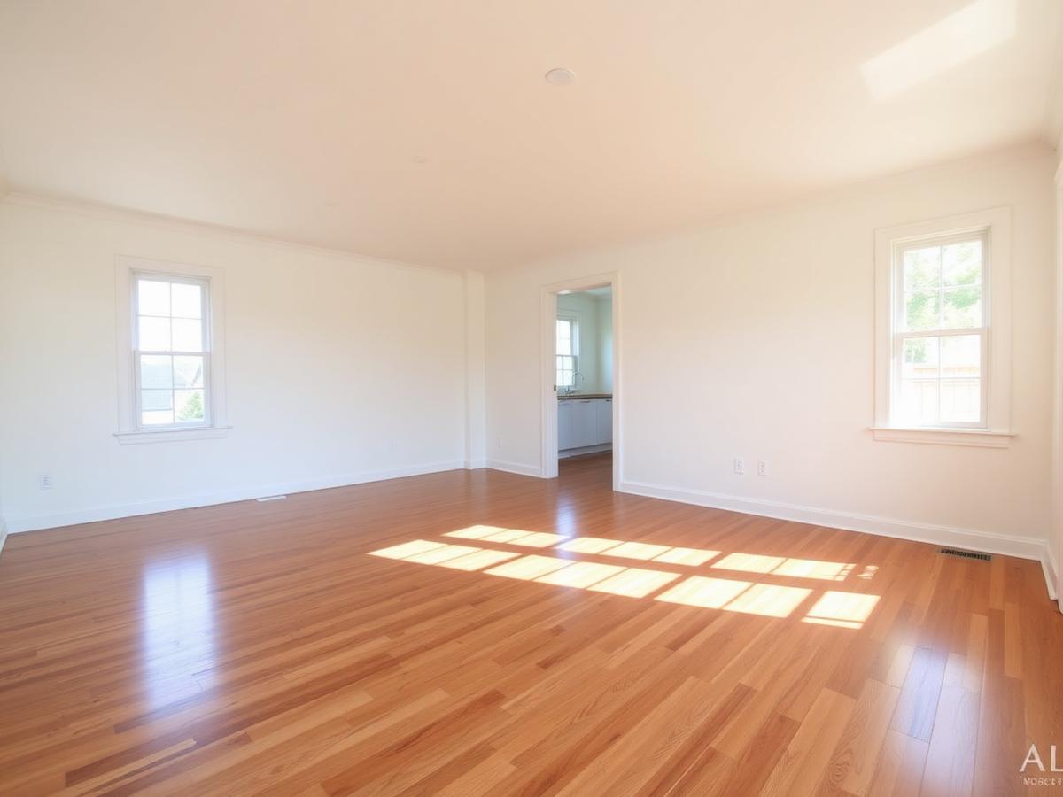 Interior of a renovated home with refinished hardwood floors and fresh white walls